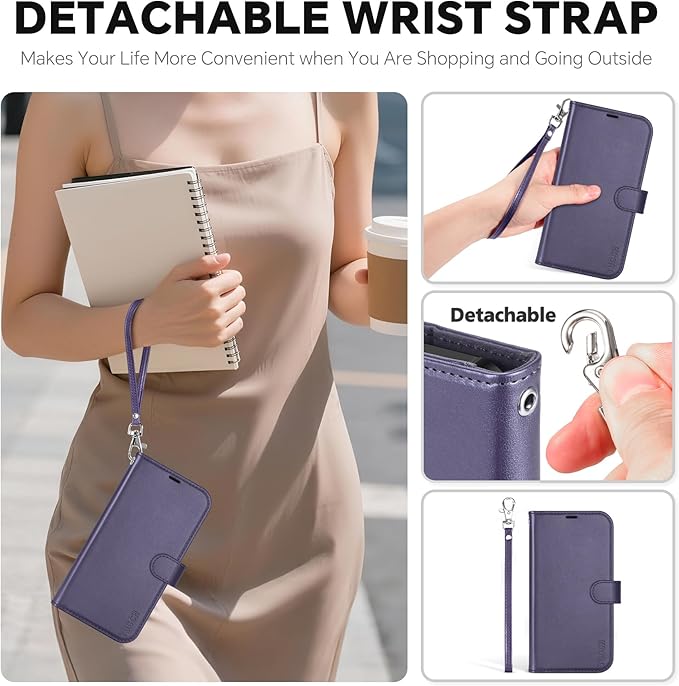 TUCCH 2-in-1 Removable Wallet Case for iPhone 17 Pro (6.3-inch) 2025, Wireless Charging | RFID Blocking 4 Card Holders | Wrist Strap | Kickstand | Magnetic | PU Leather Protective Cover | Deep Purple