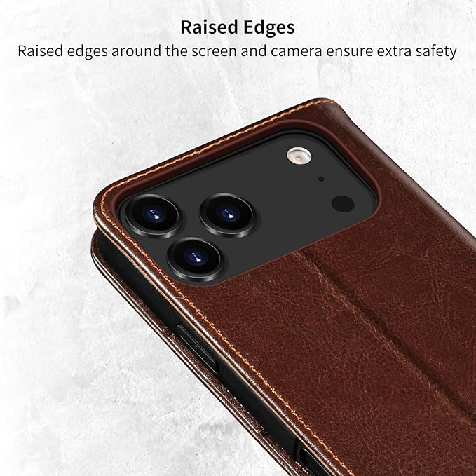 Belemay Leather Wallet Case Compatible with iPhone 17 Pro Max, Premium Cowhide Leather Two-Tone Effect, RFID Blocking Card Holders, Shockproof TPU Shell, Kickstand, Protective Flip Cover, 6.9", Brown