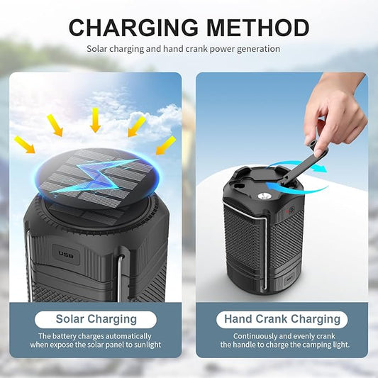 2 Pack Camping Lantern 5000mAh Solar Hand Crank Telescopic LED Flashlight USB Charger for Power Outages ,Portable Rechargeable Battery Powered Operated Lanterns Lamp, Camping Gear Accessories