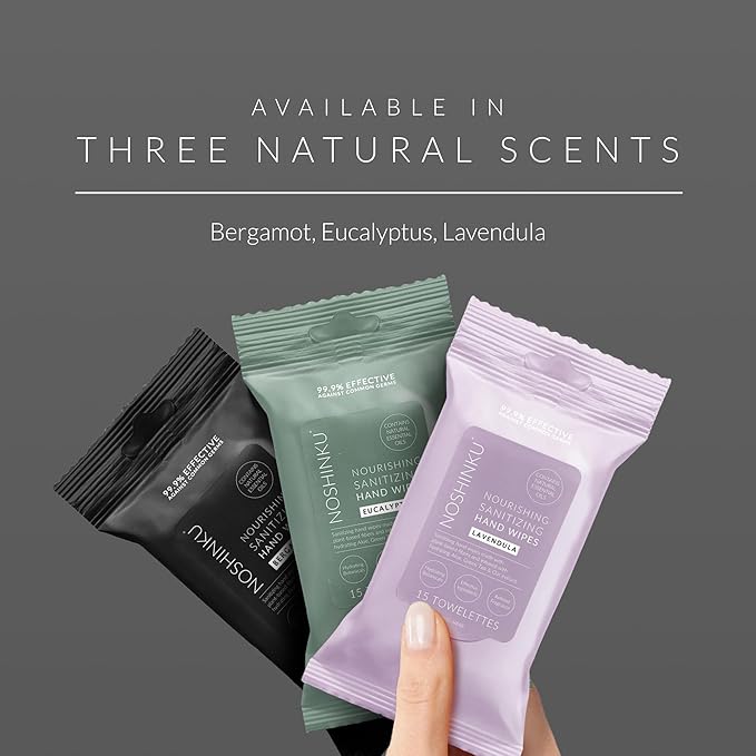 Noshinku – Bergamot Hand Sanitizer Wipes, 3-Pack (45 Towelettes) – Resealable Travel Wipes with Ethyl Alcohol, Aloe & Green Tea, Plant-Based Fiber, Essential Oil Scents, Cruelty-Free & No Dyes