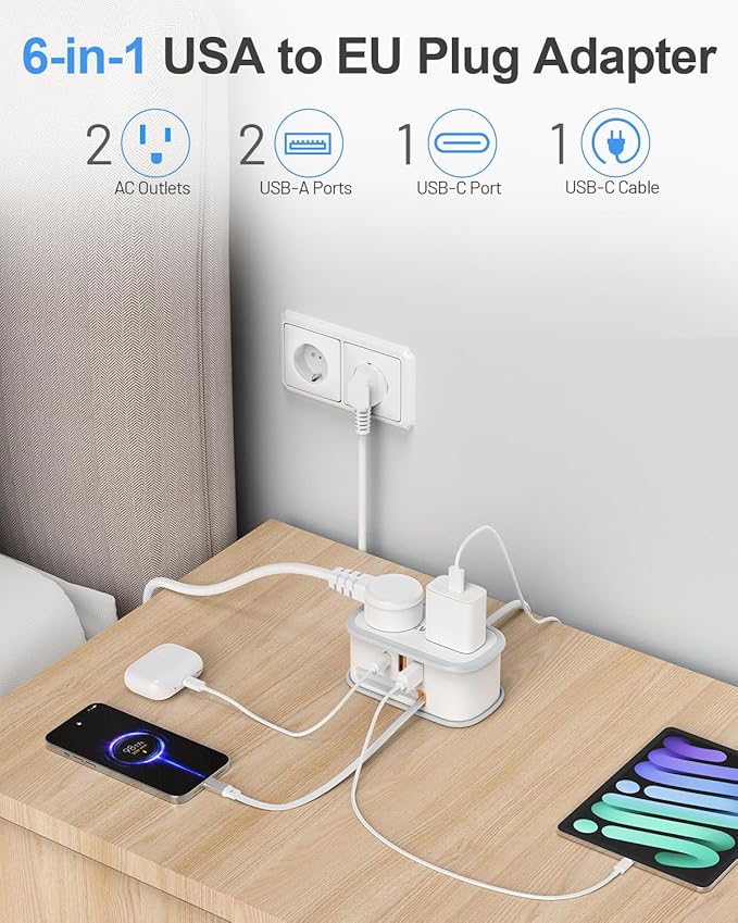 European Travel Plug Adapter, US to Europe Plug Adapter 2 Outlets 3 USB Ports, 5ft Power Cord with USB C Cable, Type E F Plug Adapter for US to Most of Europe Iceland Spain Italy France