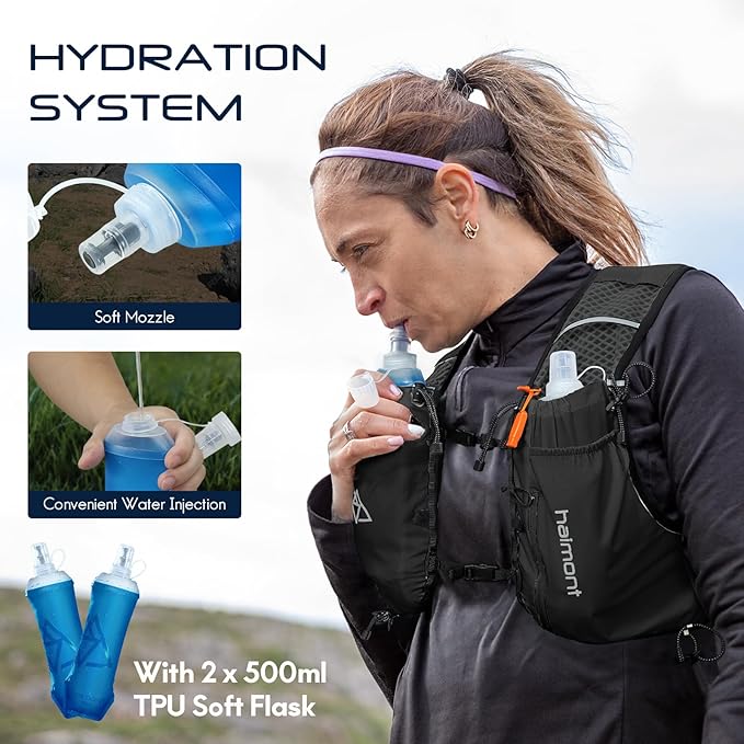 Haimont Running Hydration Vest with Water Bottles for Men Women, Lightweight 10L Hydrated Vest Pack for Trail Running, Hiking