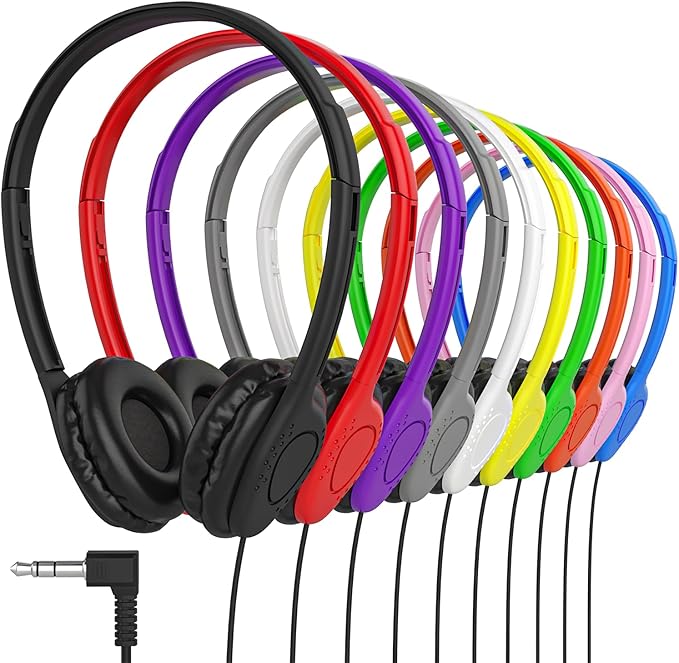 Maeline Bulk Classroom Student Headphones On Ear Stereo Headphones Adjustable Band & Faux Leather Cushions for Kids Online Learning, Library, School, Travel - 3.5mm Plug - 200 Pack - Multi Colors