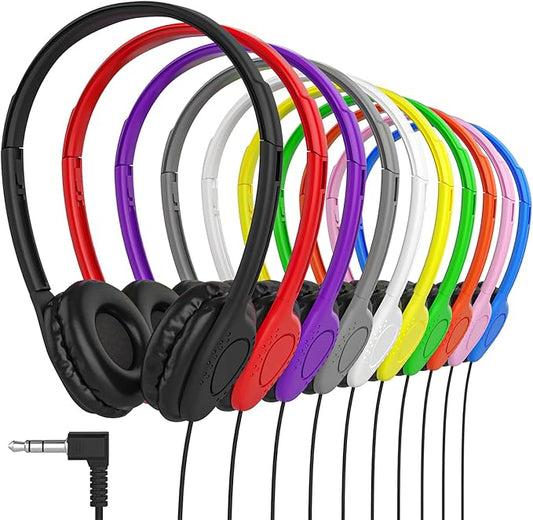 Maeline Bulk Classroom Student Headphones On Ear Stereo Headphones Adjustable Band & Faux Leather Cushions for Kids Online Learning, Library, School, Travel - 3.5mm Plug - 20 Pack - Multi Colors