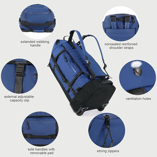 Rolling Duffle Bag with Wheels,86L 30”Folding Duffle Backpack with 2 Wheels,Travel Bag with Separate Shoe Compartment,Dark Blue