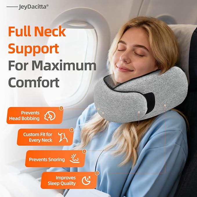 Premium Travel Pillow, Upgraded Memory Foam Neck Pillow, 360° Ergonomic Design Airplane Pillow Travel Pillows for Airplanes, Cars, Offices, Home Use, Ideal for Adults and Kids (Light Gray)