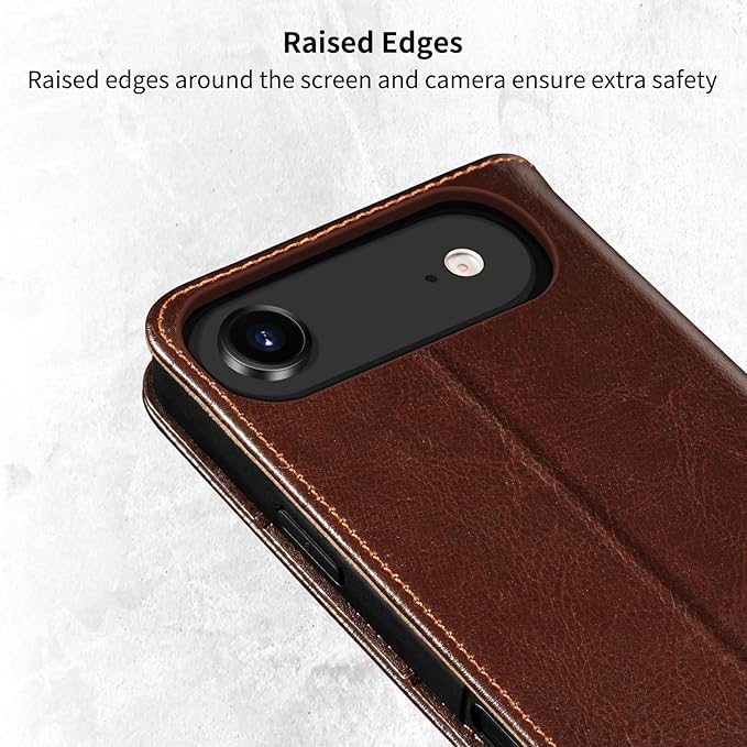 Belemay Genuine Leather Wallet Case for iPhone 17 Air, Premium Cowhide Leather Two-Tone Effect, RFID Blocking Card Holders, Shockproof TPU Shell, Kickstand, Flip Cover for iPhone Air 2025 6.5", Brown