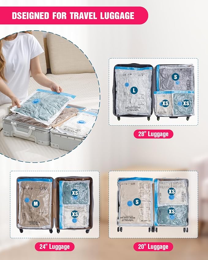 Travel Vacuum Storage Bags with Hand Pump, 8 Pack (4S+4XS) Vacuum Seal Bag Travel Essentials Space Saving Bags for Clothes, Luggage, Carry-on Suitcase, Backpack, Holiday Business Trip
