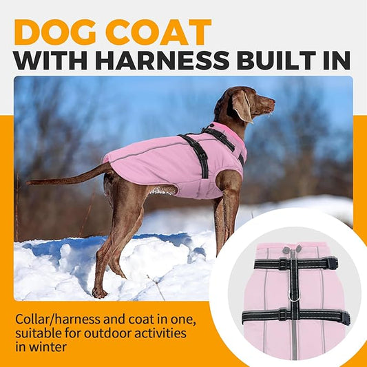 Lelepet Warm Dog Winter Coat Waterproof Dog Jacket with Harness Built in, Reflective Windproof Fleece Jacket, Dogs Coats for Medium Dogs, Thermal Turtleneck Pet Snowsuit for Outdoor, Schnauzer, Pink M