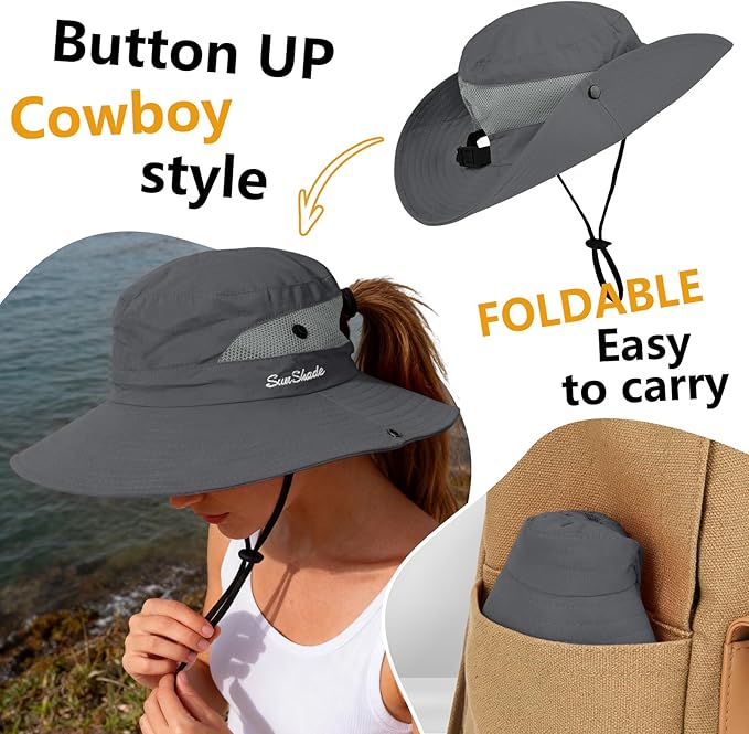 ZOORON Women's Ponytail Safari Sun Hat,Wide Brim UV Protection Outdoor Bucket Hat,Foldable Beach Summer Fishing Hat