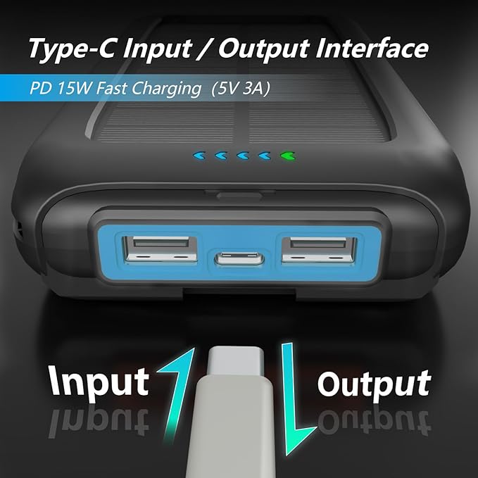 Solar Charger Power Bank 49800mAh Portable 15W Fast Charging Power Bank with QC3.0 USB-C & Dual USB-A Ports for Cell Phones, LED Flashlight, Carabiner, Waterproof Solar Panel for Camping, Outdoor