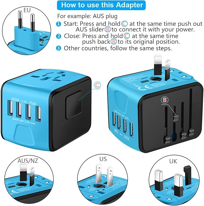 Universal International Travel Power Adapter W/Smart High Speed 2.4A 4xUSB Wall Charger, European Travel Plug Adapter, Worldwide AC Outlet for Europe, UK, US, AU, Asia-Blue