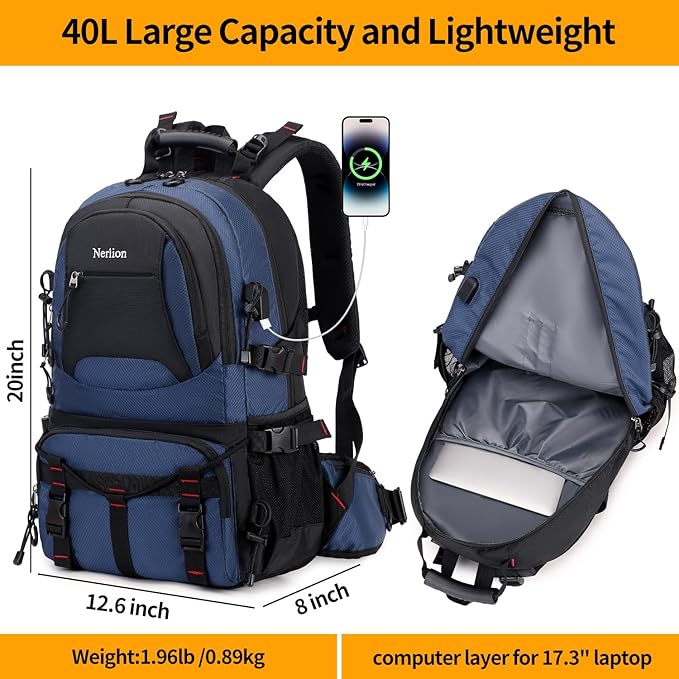 Nerlion 40L Hiking Backpack Travel Backpack for Men Women Camping Waterproof Outdoor Hiking Daypack Lightweight Backpack (Blue)