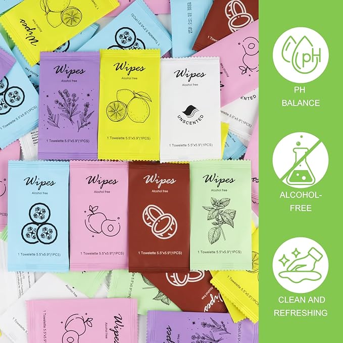 twoworld Individual Hand Wipes,Wet Wipes Individually Wrapped Bulk Cleansing Travel Size Wet Wipes for Travel Restaurant (Mint, lemon, lavender,cucumber, coconut, peach, and unscented,pack of 70)