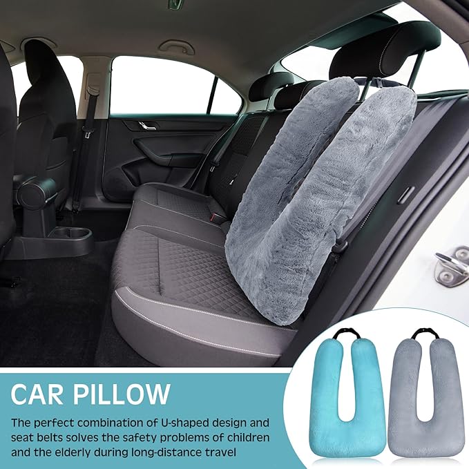 Barydat 2 Pcs Car Travel Pillow for The Back Seat 28 x 18 in Sleeping Reading Pillows for Long Distance Travel Car Cushion for Kids Adults Head and Body Support U Shaped Pad for Travel(Gray, Green)