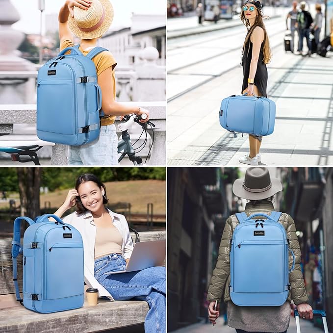 Asenlin 40L Travel Backpack for Women Men，17 Inch Laptop Backpack Flight Approved Luggage Carry On Water Resistant for Weekender Overnight Large Daypack Light Blue