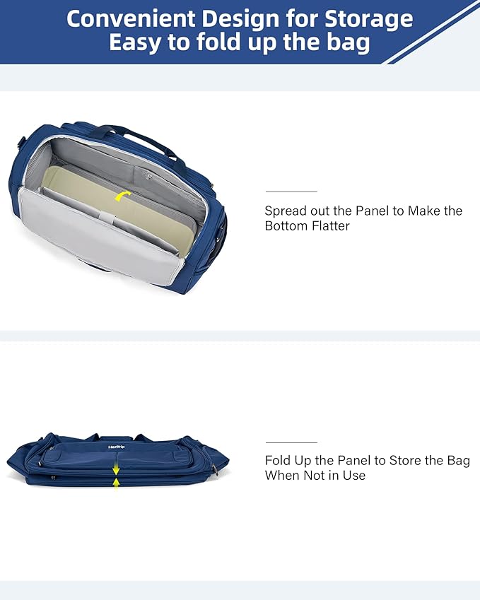 HanTrip Carry on Duffel Bag Foldable Duffle Bags for Travel, Large Personal Item Bags for Airplanes, Weekender Overnight Mens Travel Tote Bag for Women Softside Carry on Luggage (Blue)