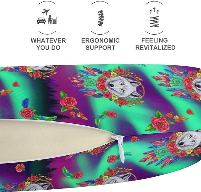 Cute Travel Neck Pillow Dream Catcher Boho Wolf Memory Foam U Shaped Cushion, Washable Cover for Boys Girls Airplane Car School Nap