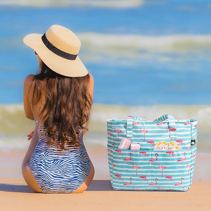 KABAQOO Extra Large Beach Bag Waterproof Sandproof Women Beach Tote with Zipper & Wet Compartment for Pool Gym Grocery Travel