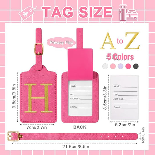 Personalized Initial Luggage Tags for Suitcase, Rose Red Leather Cute Luggage Tags with Privacy Cover Name Card, Embroidered Custom Monogram Luggage Tags Travel Backpack Tag Gifts for Women Kids(H)