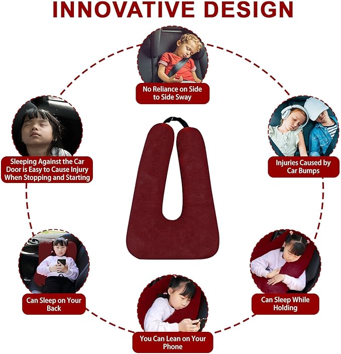 Travel Pillow, Travel Pillow for Kids, Sleeper Hold Pillow Travel, Removable U-Shaped Pillow for Adults and Children to Support Head and Body in The Back Seat of Long Car Trips (Dark Red)