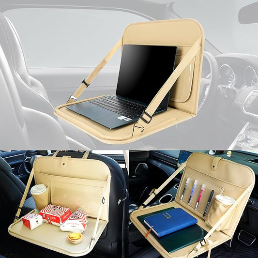 GMQ Backseat Car Organizer with Detachable Steering Wheel Tray 1 Pack,Car Back Seat Laptop Desk, Multifunctional Office Bag,Back Seat Car Storage & Tablet Holder for Kids (Beige)