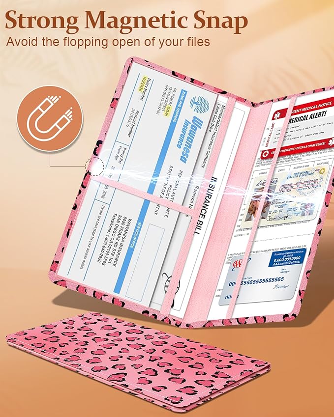 Slohif Car Registration and Insurance Card Holder - Leopard Vehicle Glove Box Organizer Women with Magnetic Shut Leather Automobile License Holders Coasters Auto Accessories Case for Document