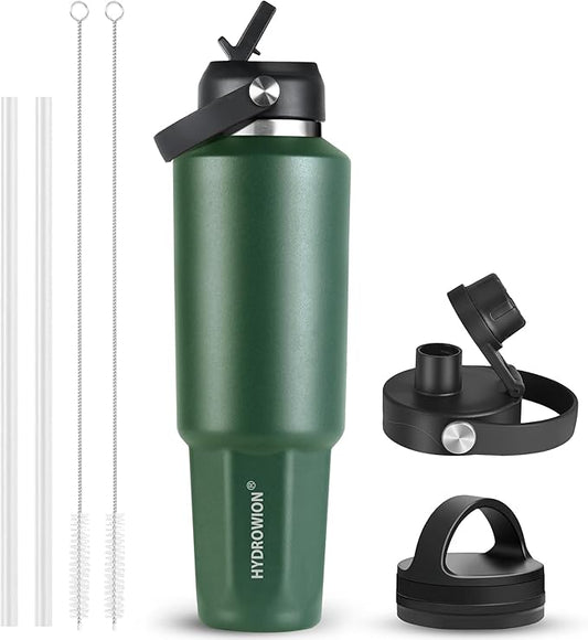 HYDROWION 32 oz Insulated Water Bottle, Car Water Bottle Holder - Double Wall Vacuum Insulated Travel Bottle with Straw Lid, Spout Lid and Flex Cap - Cold for 24H, Hot for 12H, Olive