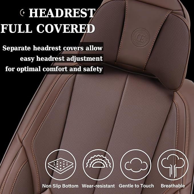 Coverado Front and Back Seat Covers 5 Pieces, Waterproof Nappa Leather Auto Seat Protectors Full Set with Head Pillow, Universal Car Accessories Fit for Most Sedans SUV Pick-up Truck, Brown