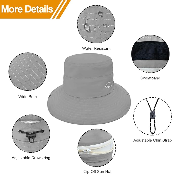 Sun Hats for Women Bucket Hat UV Protection Fishing Hat Wide Brim Safari Hats 2 in 1 Zip-Off Sun Visor Hats UPF 50+