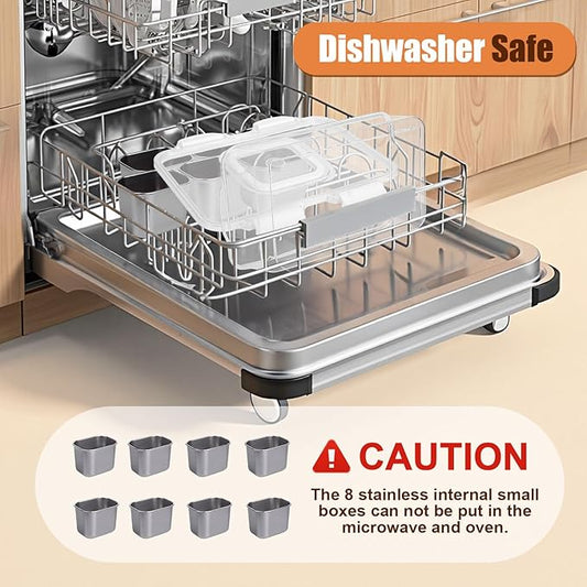 Snackle Box Container, 304 Stainless Steel Snack Containers, Portable Snacklebox for Veggie, Candy, Divided Serving Tray with Lid and Handle, 8 Compartment Fruit Platter for Party, Picnic, Travel