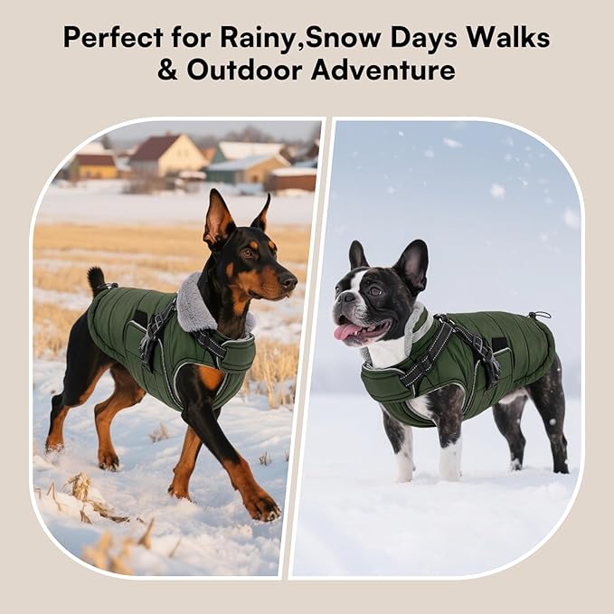 Queenmore Winter Dog Jackets for Large Dogs XXL, Waterproof Winter Coat for Extra Large Pitbull Danes, Warm Puffer Snow Jacket for Cold Weather - Fleece Lining Hook & Loop Closure Reflective, Green
