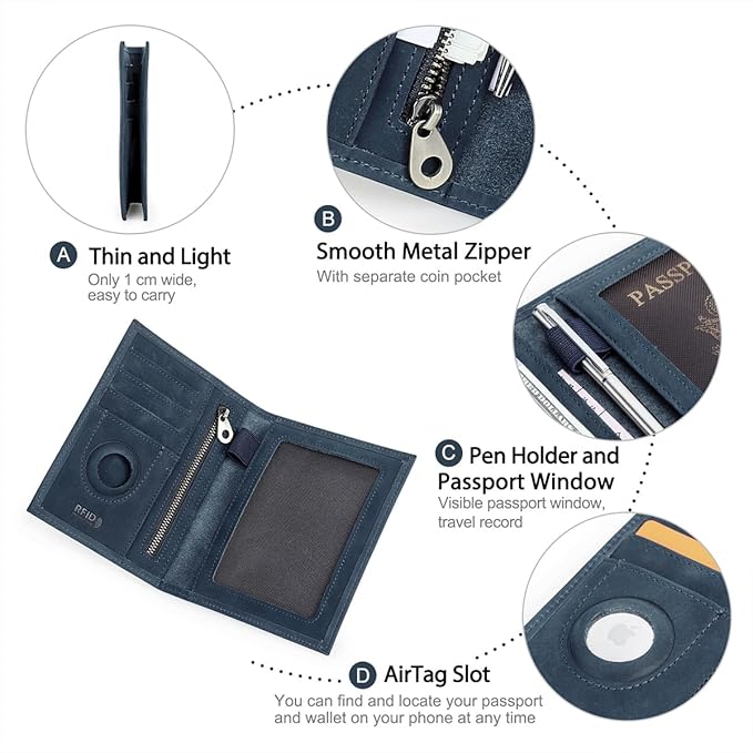 CONTACTS Full Grain Leather Airtag Passport Holder RFID Blocking Travel Passport Wallet Slim Passport Cover Case with 4 Cards Slots, Coin Pocket (Blue)