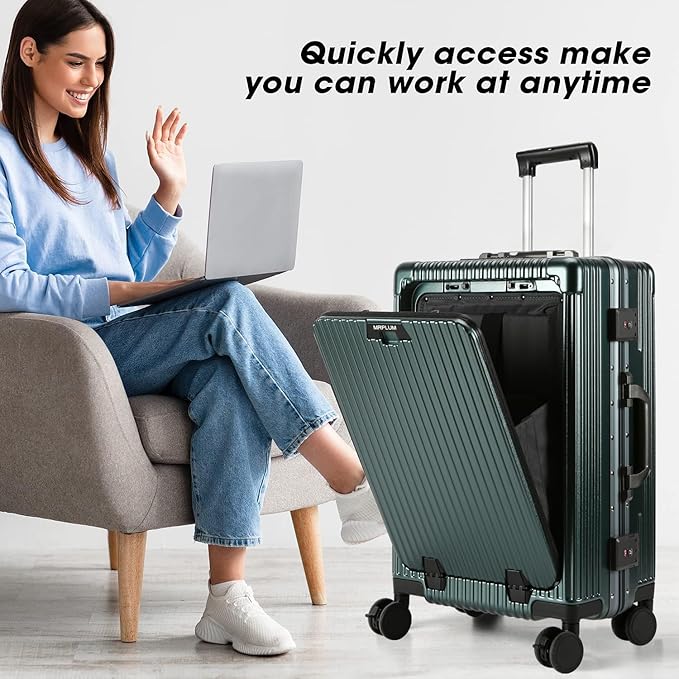 MRPLUM Front Pocket Carry On Luggage,PC Hardside Spinner Wheel Suitcase with TSA Lock,Cup Holder,Phone Holder&USB Charging Port,Dark Green(1 Piece)