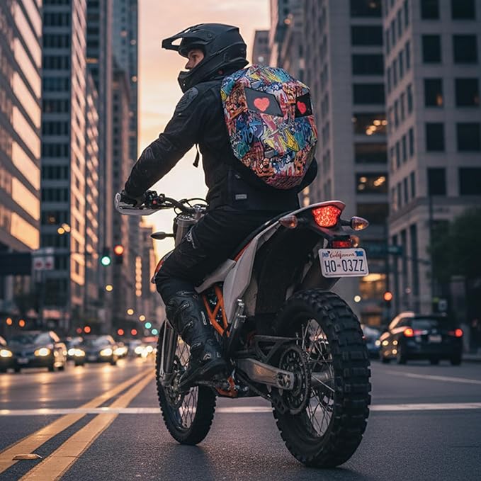 Motorcycle Backpack with LED Eyes, DIY Laptop Backpack for Riding, Cycling, Travel, Waterproof Hard Case Motorbike Bag, Large Size 19" Graffiti