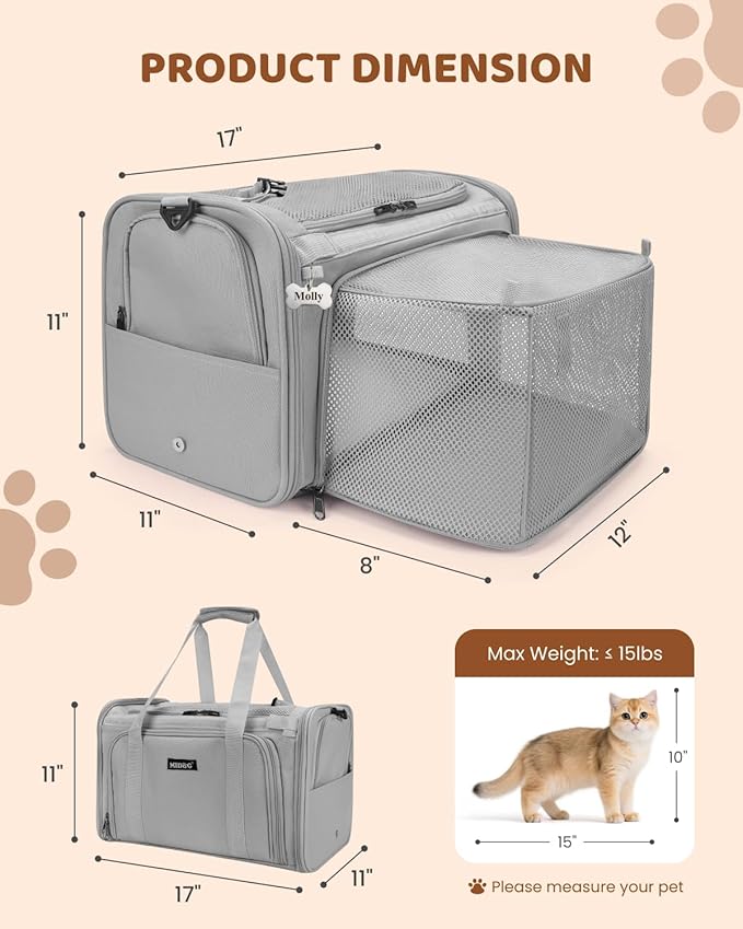 MIDOG Cat Carrier Soft, TSA Approved Airline Travel Carrier for Cats and Small Dogs, Under Seat Pet Bag with Expandable Space & Escape-Proof Zippers (Charcoal)