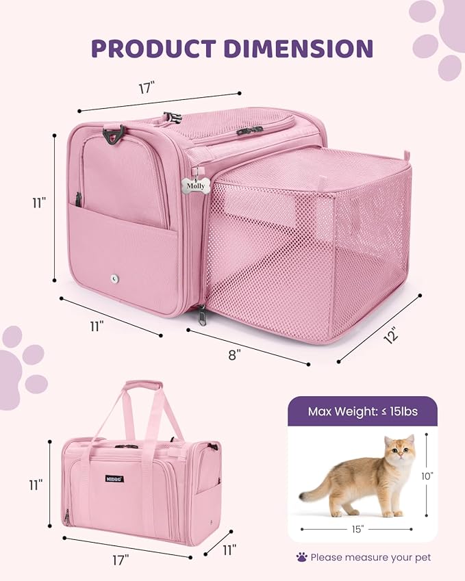 MIDOG Cat Carrier Soft, TSA Approved Airline Travel Carrier for Cats and Small Dogs, Under Seat Pet Bag with Expandable Space & Escape-Proof Zippers (Coral)