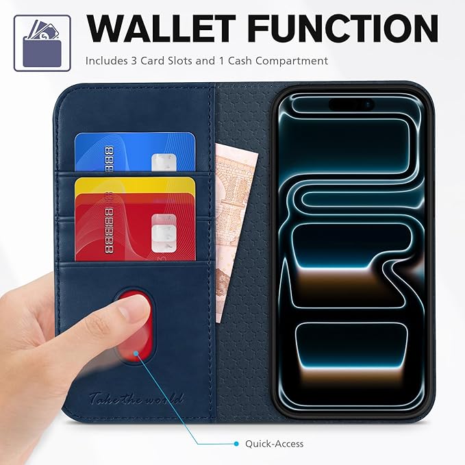 TUCCH Case Wallet for iPhone 17 Pro Max (6.9-Inch) 2025, 3 Card Slots | Kickstand | RFID Blocking | PU Leather | Protective Flip Folio Cover | TPU Shockproof Interior Shell | Deep Blue