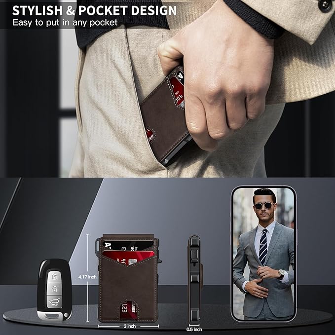 Airtag Wallet for Men, Mens Smart Wallet for Air Tag RFID Blocking, Minimalist Bifold Pop Up Aluminum Credit Card Case Holder 12+ Cards with ID Window, Gift for Men, No Airtag Included, Coffee Brown