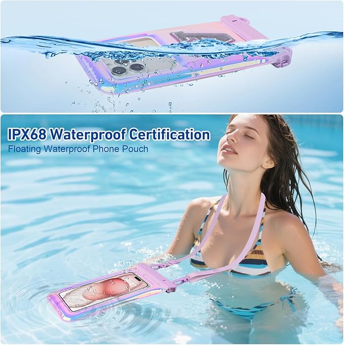 Waterproof Phone Pouch Floating, IPX68 Waterproof Phone Case with Lanyard for iPhone 16 15 14 13 12 Pro Max Samsung S25 S24 S23 S22, Up to 7 Inch, Beach Vacation Essentials, Sparkling Purple Letter