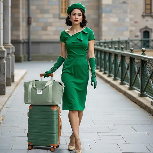 TAKUMI Carry On Luggage Set 3 Piece ABS+PC Hardshell Suitcases with Duffel Bag Double Spinner Wheels Travel Luggage with TSA Lock Lightweight Suitcase Set(GREEN BROWN, 3 PIECE SET(20/DB/TB))