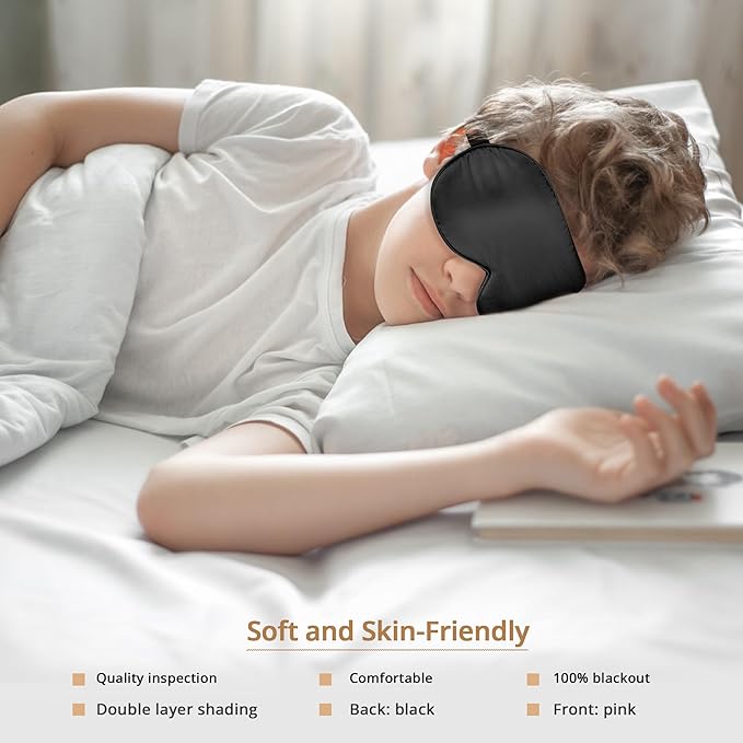 Kids Sleep Mask Eye Cover, 100% Real Natural Pure Silk Eye Mask with Adjustable Strap, Blindfold Kids Eye Mask for Sleeping, Eye Shade for Boys Girls and Adult, Pressure-Free Comfort (Black)