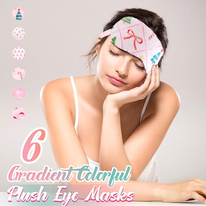 Cuffbow 6 Pcs Plush Sleep Eye Mask Silk Furry Eye Covers for Sleeping Cute Sleep Mask Fluffy Comfortable Sleeping Blindfold for Travel Sleepover Nap Party Supply Women(Christmas,Pink)