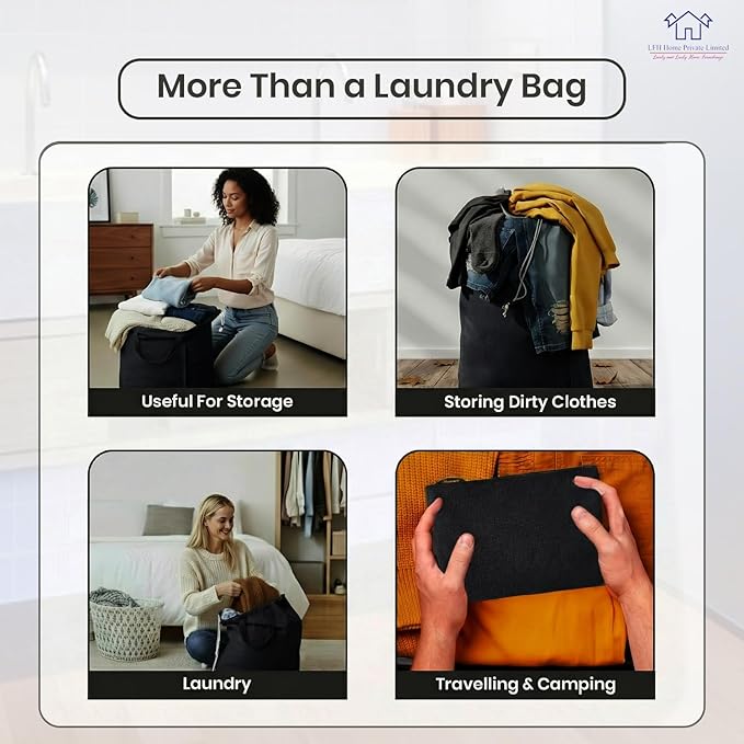 LFH Home Large Premium Cotton Canvas Laundry Bag with Drawstring and Handles Heavy Duty, Multi-Use, and Washable for Home, Travel, College or Storage 20x30 (Pack of 2)-Black