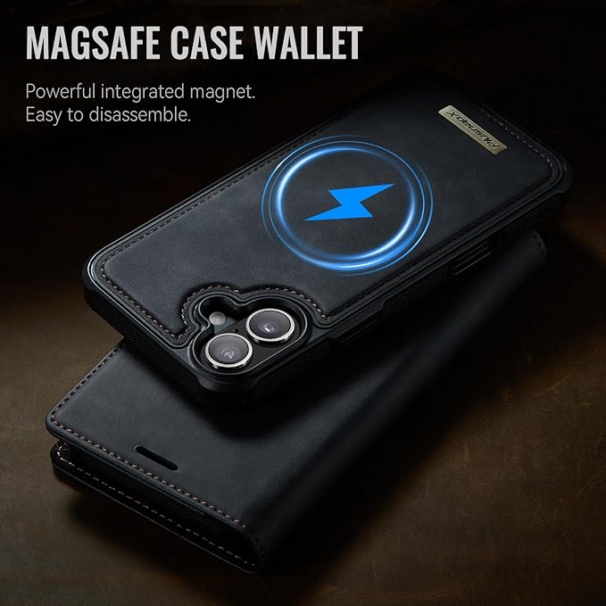 PlusnapX Wallet Case for iPhone 17 Compatible with Magsafe, 2-in-1 PU Leather Flip RFID Blocking Card Holder Stand Shockproof Magnetic Detachable Cover for iPhone 17 Case 6.3", Black