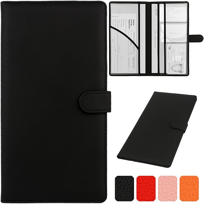 Car Registration and Insurance Holder, Leather Magnetic Shut Vehicle Glove Box Organizer for Document, Card, Driver License, Black