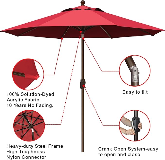 EliteShade USA 10-Year-Non-Fading 9Ft Market Umbrella Patio Umbrella Outdoor Table Umbrella with Ventilation,Logo Red