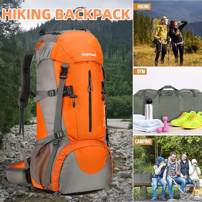 King'sGuard 70L Hiking Backpack with Rain Cover Lightweight Waterproof Travel Camping Backpack Large Backpacking Pack