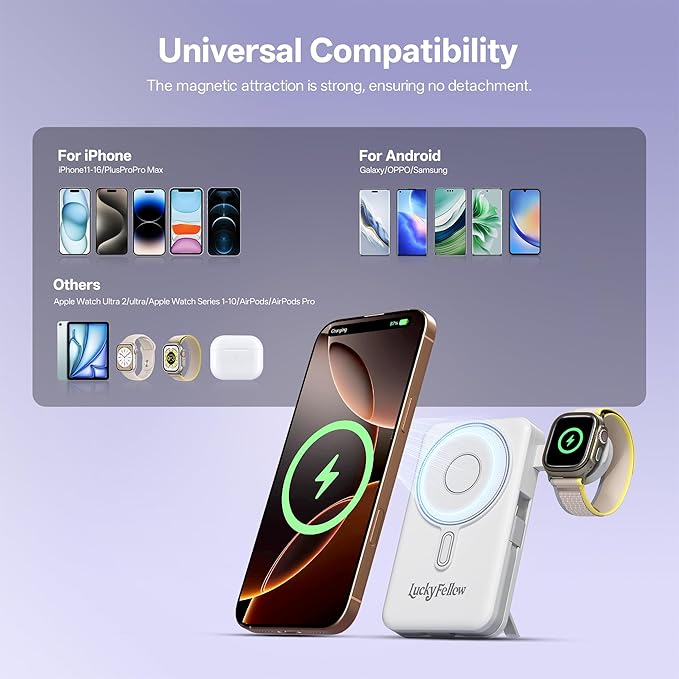 Magnetic Portable Charger Built-in Cables,10000mAh Fast Charging Wireless Charger Station External Battery Pack Slim Pocket Size Power Bank with Stand Compatible with iWatch, iPhone and Android Phones