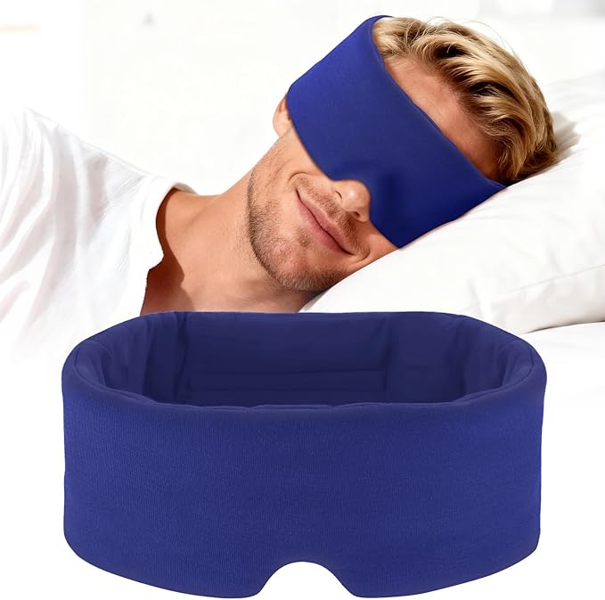 Cotton Sleep Eye Mask for Men, 100% Blocking Light Eye Mask Sleeping for Side Sleeper, Soft Zero Pressure Cooling Blackout Eye Covers for Sleeping, Sleep Mask fits All Heads Adjustable（Blue）